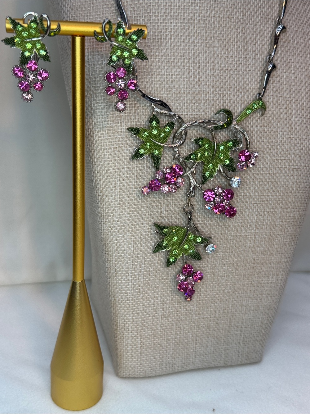 Pink Crystal Grape Necklace & Earring Set with Green Leaf Accents